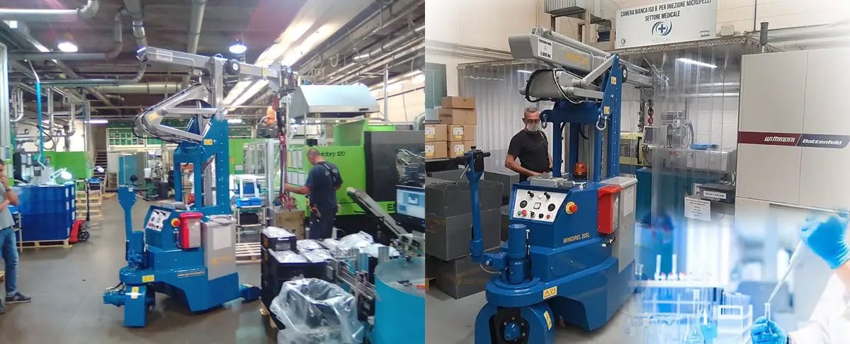 Mobile crane for changing moulds of plastic test tubes and medical devices